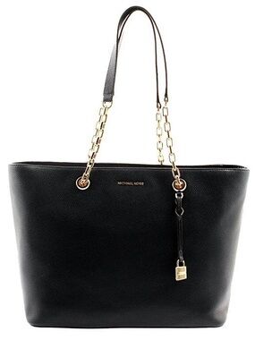 Michael Kors Black Pebble Leather Mercer / Kimberly Tote Bag with Gold Chain
